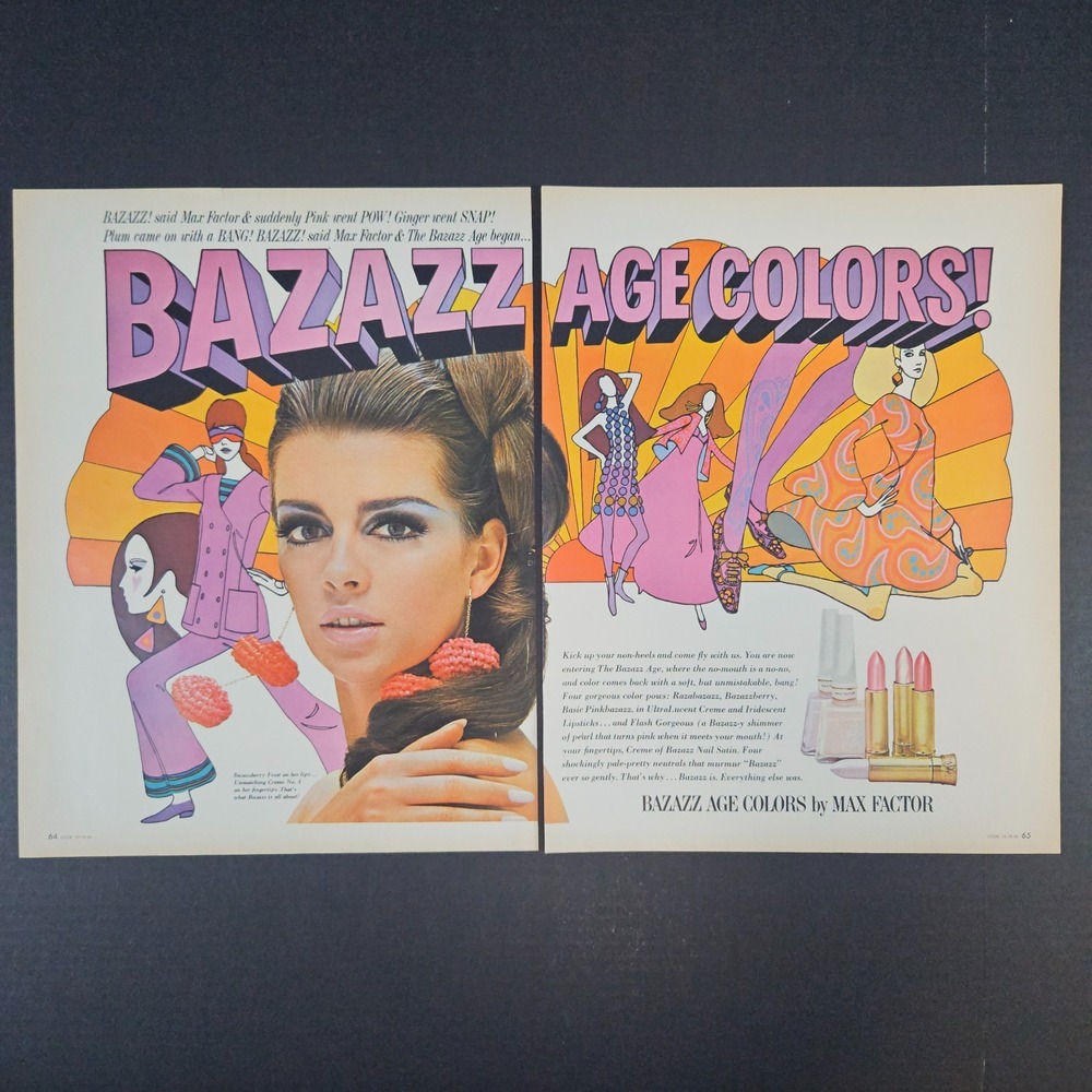 1966 Bazazz Age Colors Max Factor‎ Vintage Print Ad Makeup Cosmetics Berry Frost